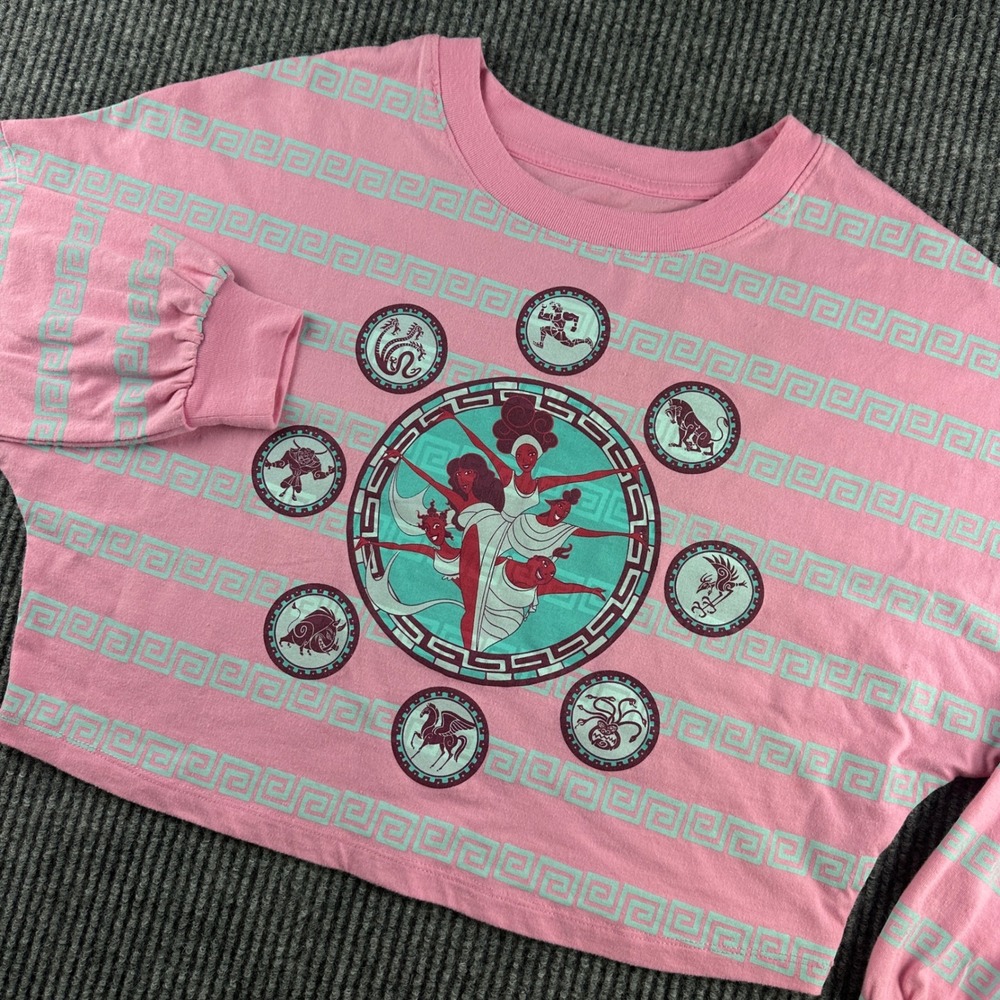 Disney Hercules Muses Cropped Long Sleeve Shirt Pink Greek Key Womens XS 2542